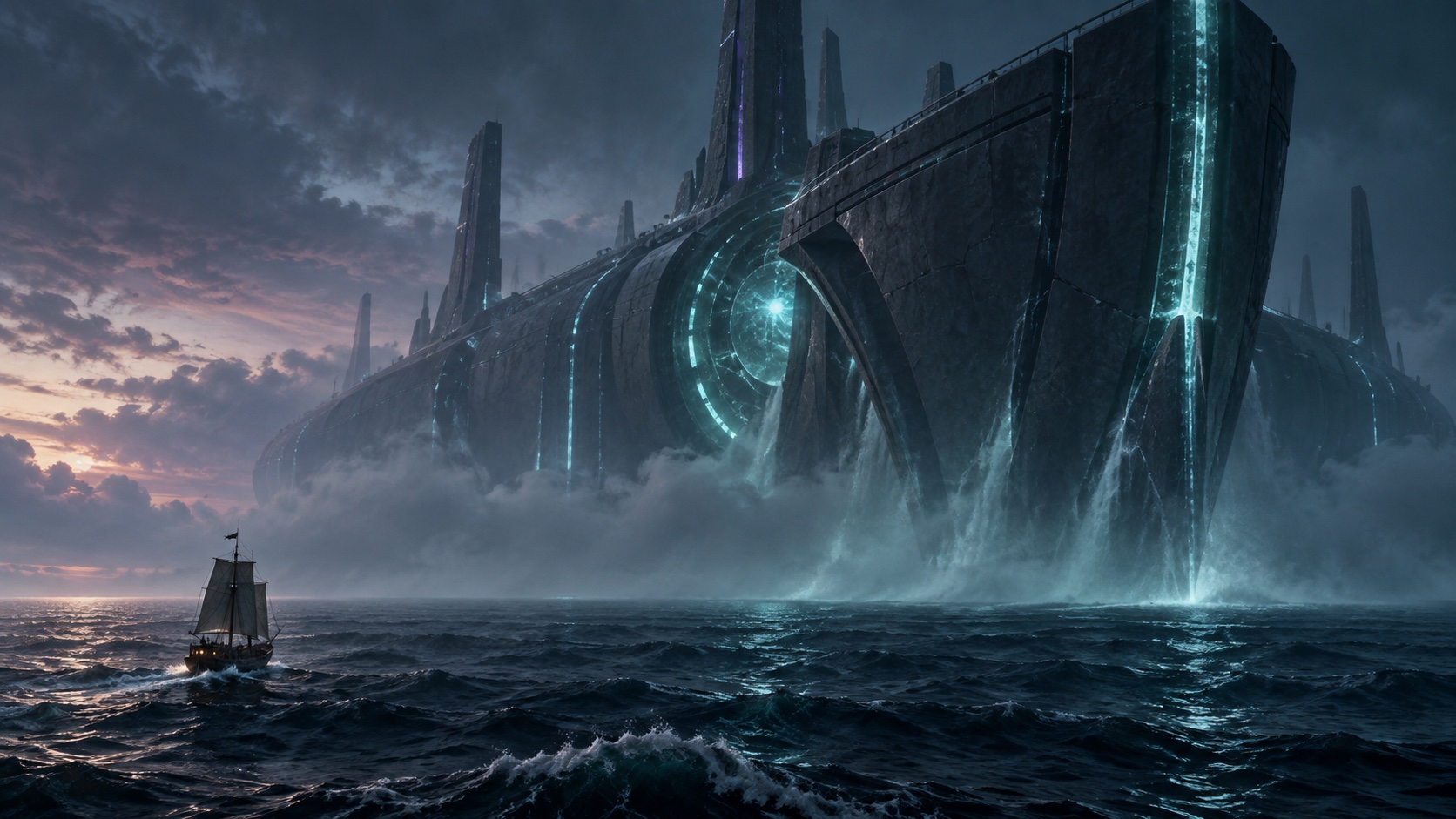 An immense alien structure with a luminous cyan core looms above the twilight ocean.